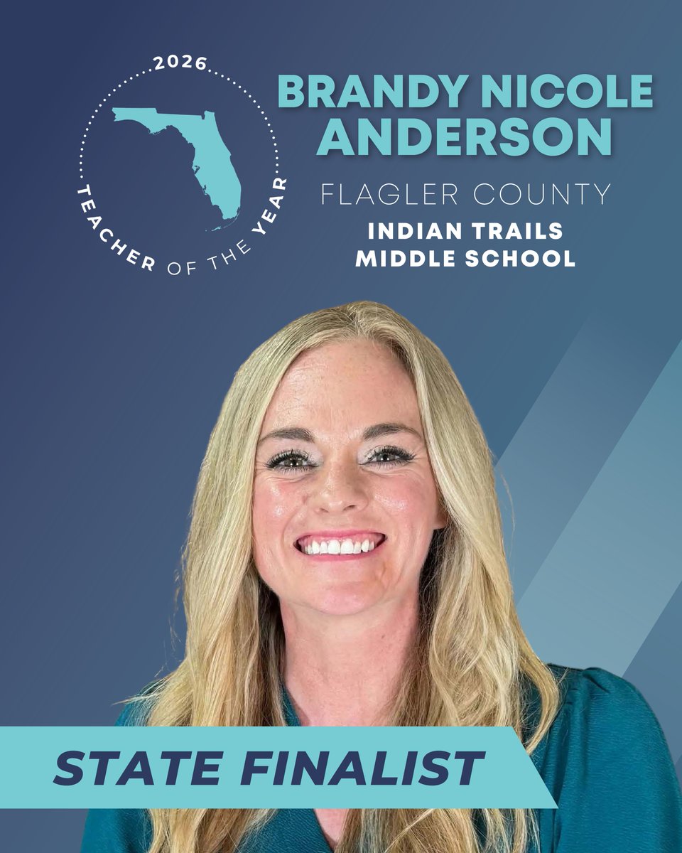 Florida Department of Education (@educationfl) on Twitter photo Congratulations to Flagler County’s Brandy Anderson for being selected as a 2026 Florida Teacher of the Year Finalist. Ms. Anderson is a seventh grade Civics teacher at Indian Trails Middle School. #FLTOY2026 <a href="/FlaglerSchools/">FlaglerSchools</a> Congratulations to Flagler County’s Brandy Anderson for being selected as a 2026 Florida Teacher of the Year Finalist. Ms. Anderson is a seventh grade Civics teacher at Indian Trails Middle School. #FLTOY2026 <a href="/FlaglerSchools/">FlaglerSchools</a>