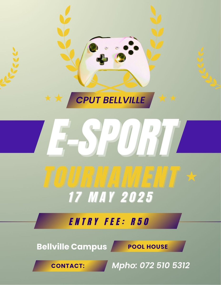 This is your chance to enter the CPUT Bellville E-Sport Tournament on 17 May, 2025.

For more info contact Mpho: 0725105312