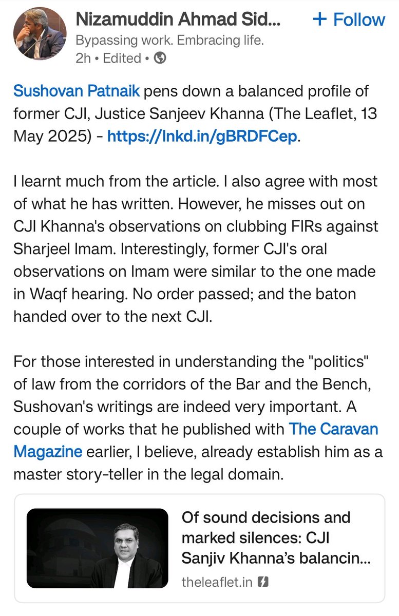 Extremely kind praise for my profile of CJI Khanna from one of the most rigorous scholars on minority rights in India. Balanced appraisals open up the space for more legitimate assessments, like CJI Khanna's treatment of Sharjeel's case.

Read the piece: theleaflet-in.cdn.ampproject.org/c/s/theleaflet…