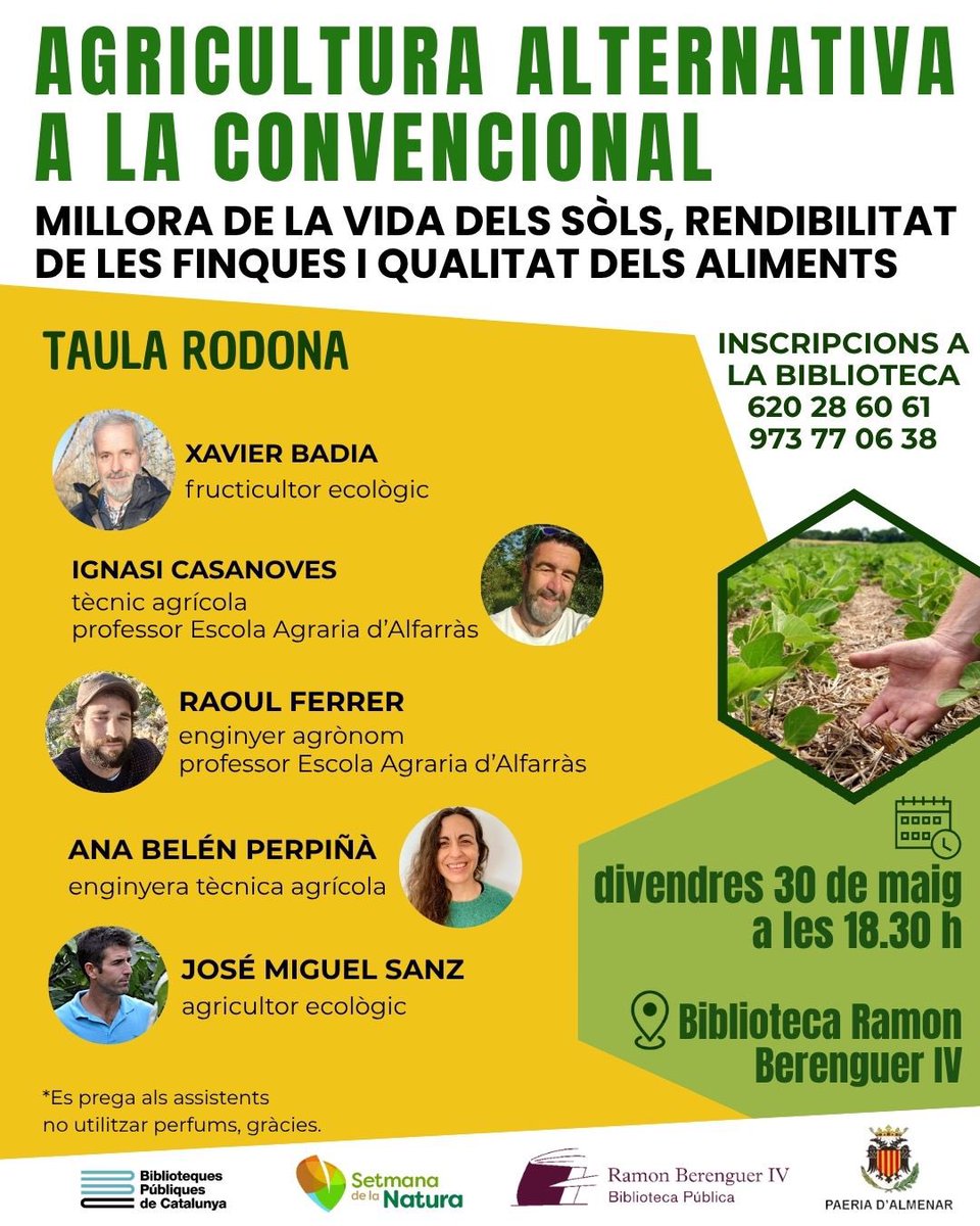BiblioAlmenar's tweet photo. 🌱 Per acabar la Setmana de la Natura hem preparat una taula rodona sobre agricultura alternativa a la convencional.

💡El debat girarà envers l’agricultura del sòl viu, amb cinc ponents que compartiran experiències i visions des de diferents sectors. https://t.co/x99zoa7fSN