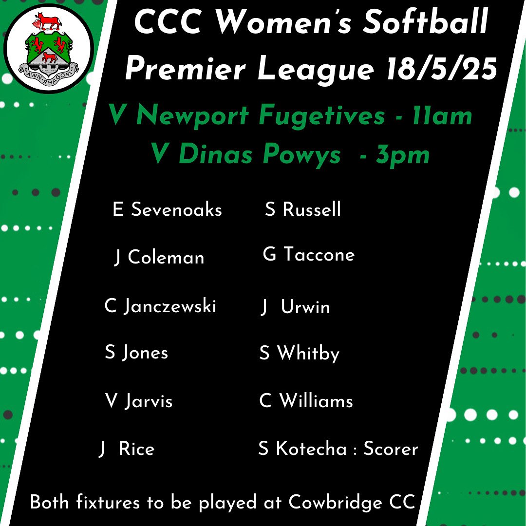 CowbridgeCricket (@cowbridgecric) on Twitter photo Round 2 for the Womens’ Softball Premier league fixtures. This Sunday Cowbridge take on @newport_fugettes and Dinas Powys. Go well ladies 💪🏏 #uppabridge🖤💚 #hergametoo <a href="/RTCricketWales/">Rebecca Thomas</a> Round 2 for the Womens’ Softball Premier league fixtures. This Sunday Cowbridge take on @newport_fugettes and Dinas Powys. Go well ladies 💪🏏 #uppabridge🖤💚 #hergametoo <a href="/RTCricketWales/">Rebecca Thomas</a>