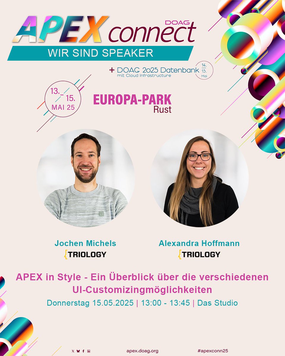 🎤 Gleich um 13 Uhr im Studio: 
Alles über UI-Customizingmöglichkeiten in Oracle APEX mit <a href="/Armunin/">Jochen</a> und <a href="/alexhoffmann25/">Alexandra_Hoffmann</a>  🎨💻💡
Nicht verpassen! 😃
#apexconn25 #orclapex