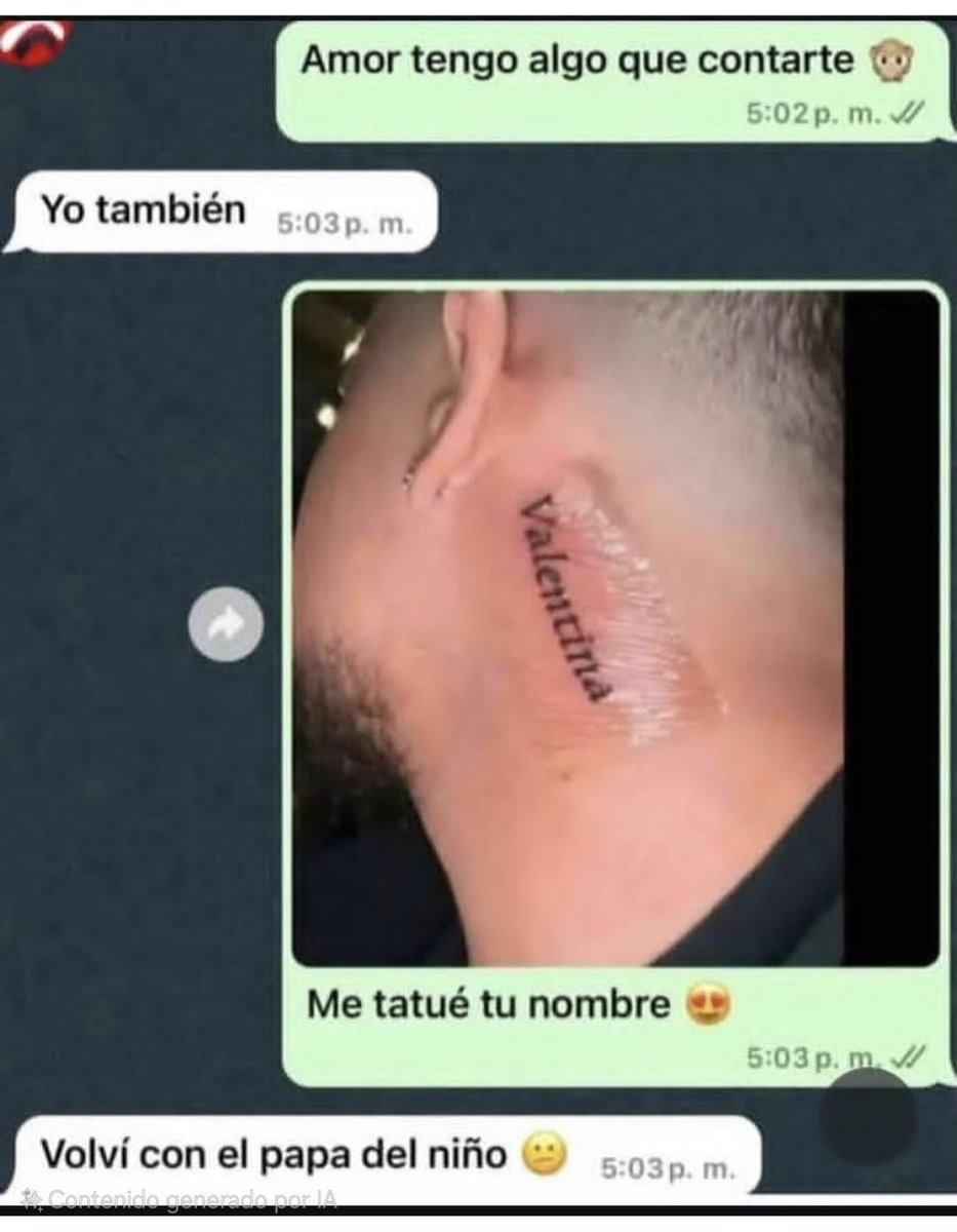 A chat I stumbled upon:
-Him: Honey, I have something to tell you 🙊                           ✅️✅️
-Her: Me too.              ✅️✅️
Him: I got your name tattooed 😍 (photo)                          ✅️✅️
-Her: I got back together with my son's father 😐