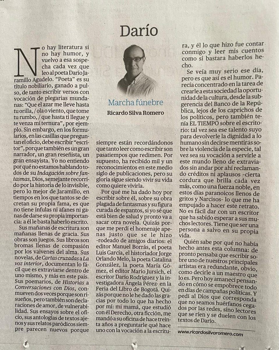 PreTextosLibros's tweet photo. 📚 Columna en torno al homenaje hecho al gran poeta Darío Jaramillo 🪶 en la Feria del Libro de Bogotá, en El Tiempo 📰. Escribe ✍️ Ricardo Silva Romero https://t.co/PBZWyo6kPV