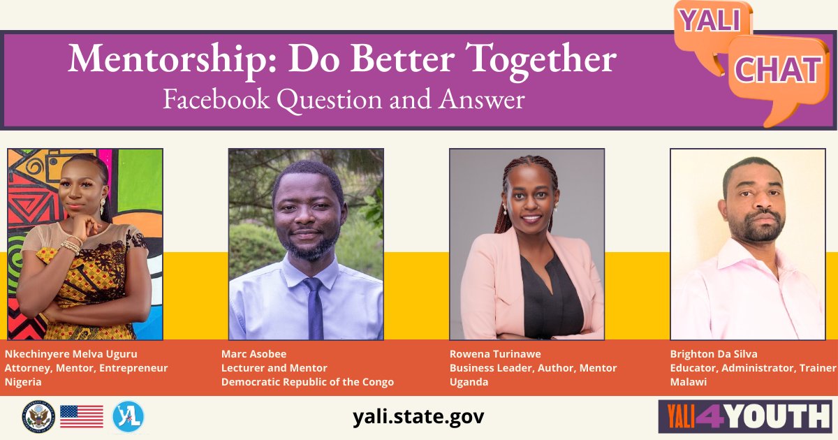 U.S. Embassy Mogadishu, Somalia (@us2somalia) on Twitter photo Join the YALI4Youth #YALIChat.
Let’s talk about all things mentorship with <a href="/YALINetwork/">YALI Network</a> members Nkechinyere Melva Uguru - #Nigeria, Rowena Turinawe - #Uganda, Brighton Da Silva - #Malawi, and Marc Asobee from the #DRC.
Bring your mentors, mentees, and colleagues for an Join the YALI4Youth #YALIChat.
Let’s talk about all things mentorship with <a href="/YALINetwork/">YALI Network</a> members Nkechinyere Melva Uguru - #Nigeria, Rowena Turinawe - #Uganda, Brighton Da Silva - #Malawi, and Marc Asobee from the #DRC.
Bring your mentors, mentees, and colleagues for an