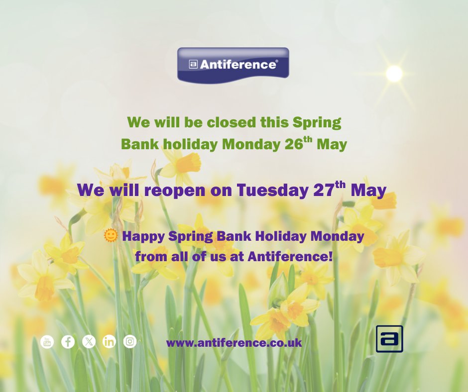 📢 Bank Holiday Notice
Antiference will be closed Monday 26th May for the Spring Bank Holiday.
We'll be back on Tuesday 27th May!

Enjoy the long weekend and thanks for your continued support. 🌼

#BankHoliday #Antiference #SPRINGBREAK