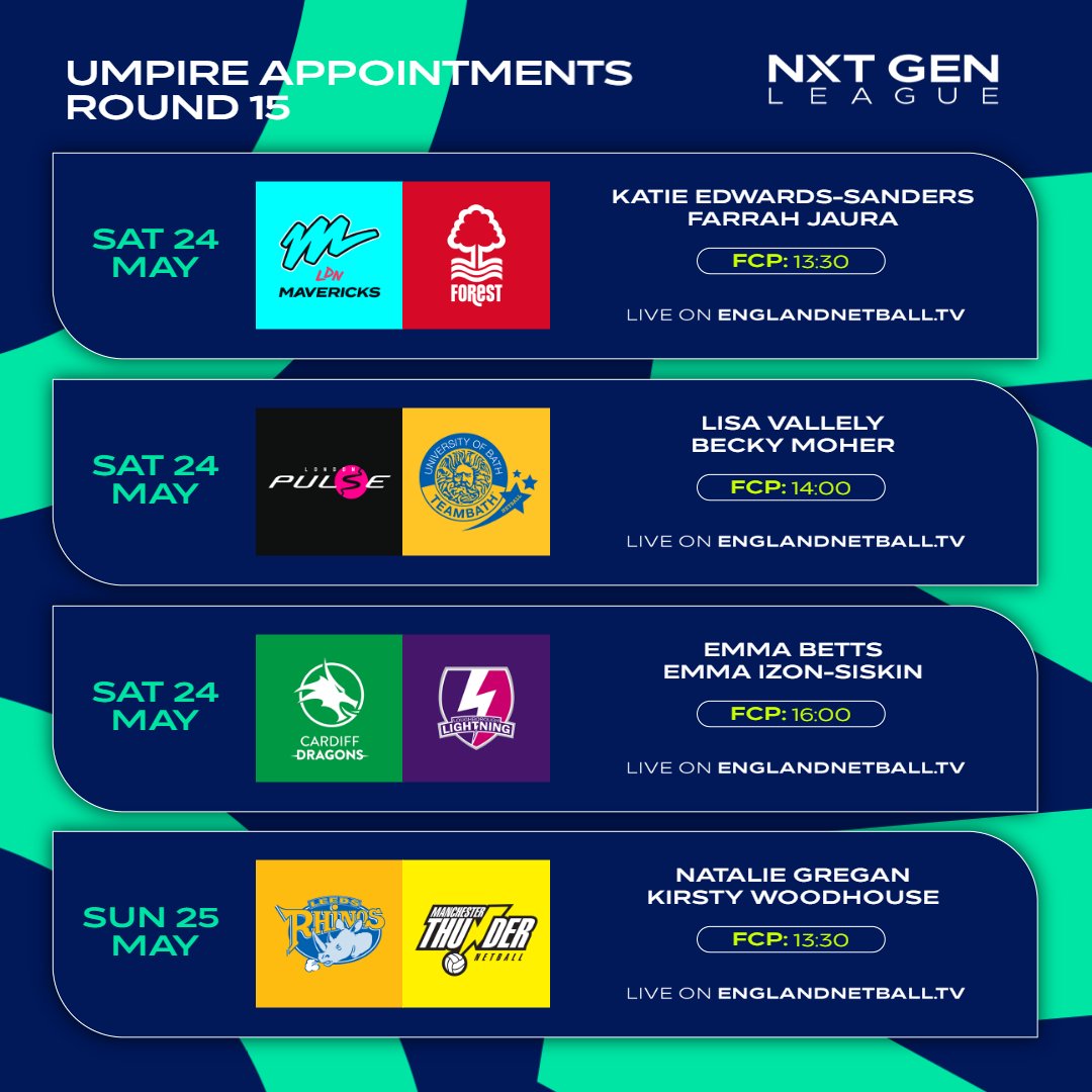 It’s time to reveal the umpire appointments for Round 15 of the NXT Gen League.

🎥 Don’t miss a moment—watch live: englandnetball.tv

#OfficiatingFamily