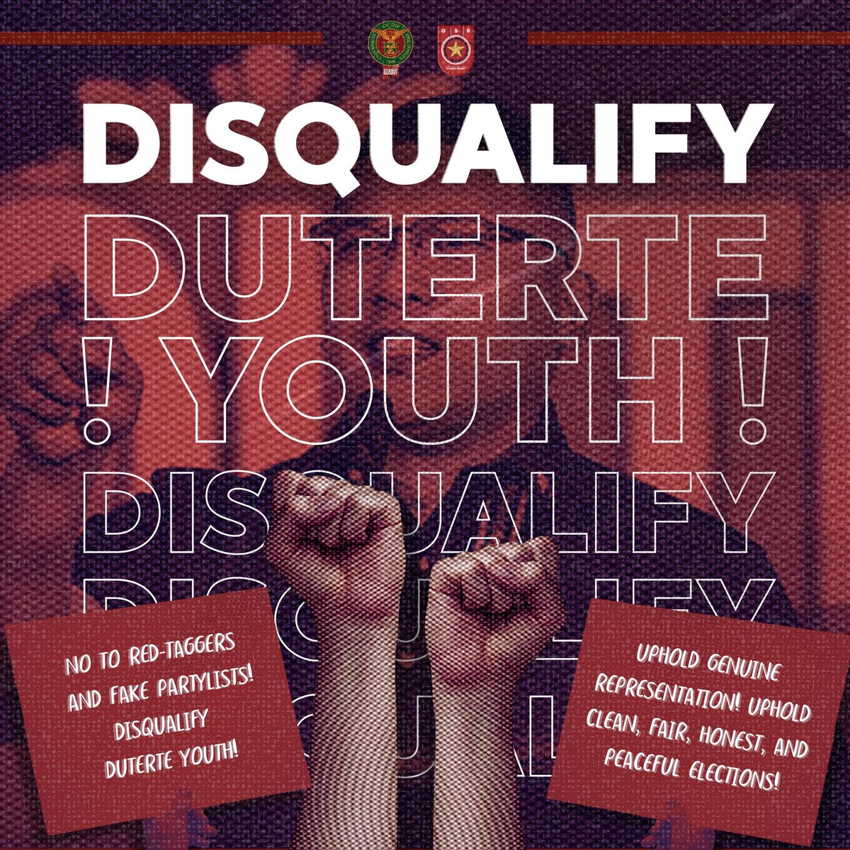 phkule's tweet photo. READ: The student regents of UP and the Polytechnic University of the Philippines (PUP) released a joint statement urging COMELEC to immediately disqualify the Duterte Youth party-list for red-tagging legitimate youth and student organizations, May 15.

“Red-tagging is a form of violence. It is a deliberate attempt to criminalize advocacy and discredit those who speak truth to power. It kills critical thought, endangers lives, and erodes our institutions. It has no place in our electoral system, much like the fake party-list groups that spearhead such a dangerous practice while claiming to represent the youth,” the statement reads.

The student regents stressed that the issue goes beyond Duterte Youth’s candidacy, calling for broader safeguards against state-sponsored harassment and repression targeting students, youth leaders, and activists.

On May 8, UP Student Regent Cheska Duran and PUP Student Regent Troy Cabangon, together with Youth Advocates for Climate Action Philippines, filed a formal disqualification petition before the COMELEC.

Duterte Youth ranked second in the May 12 polls and is set to secure three seats in the House of Representatives.

Photo from UP Office of the Student Regent