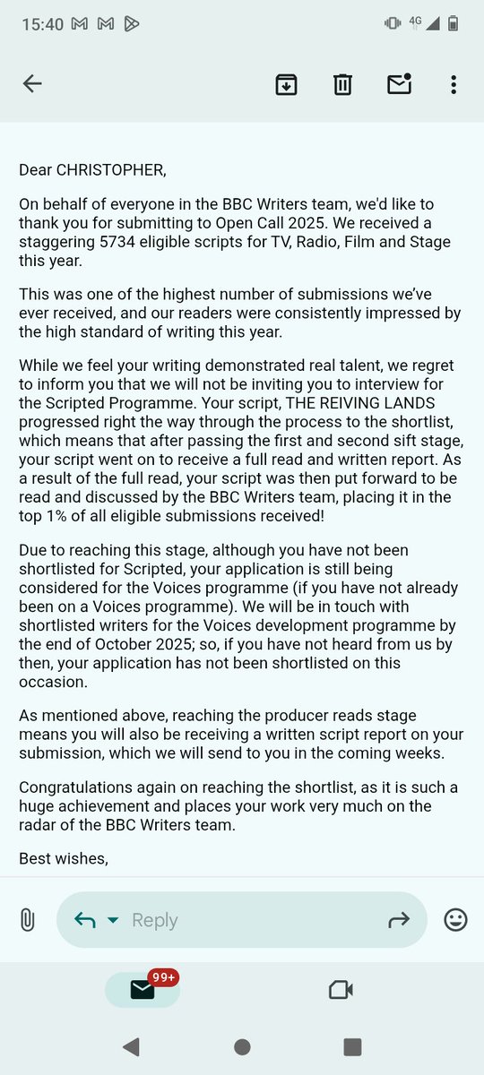Chuffed my historical pilot THE REIVING LANDS made top 1% of <a href="/bbcwritersroom/">BBC Writers</a> #opencall - have progressed from 10%,3% &amp;7% over the years - v. rewarding to make progress- written feedback on 3% was so helpful - look forward to receiving notes this time. Structure, may have been key