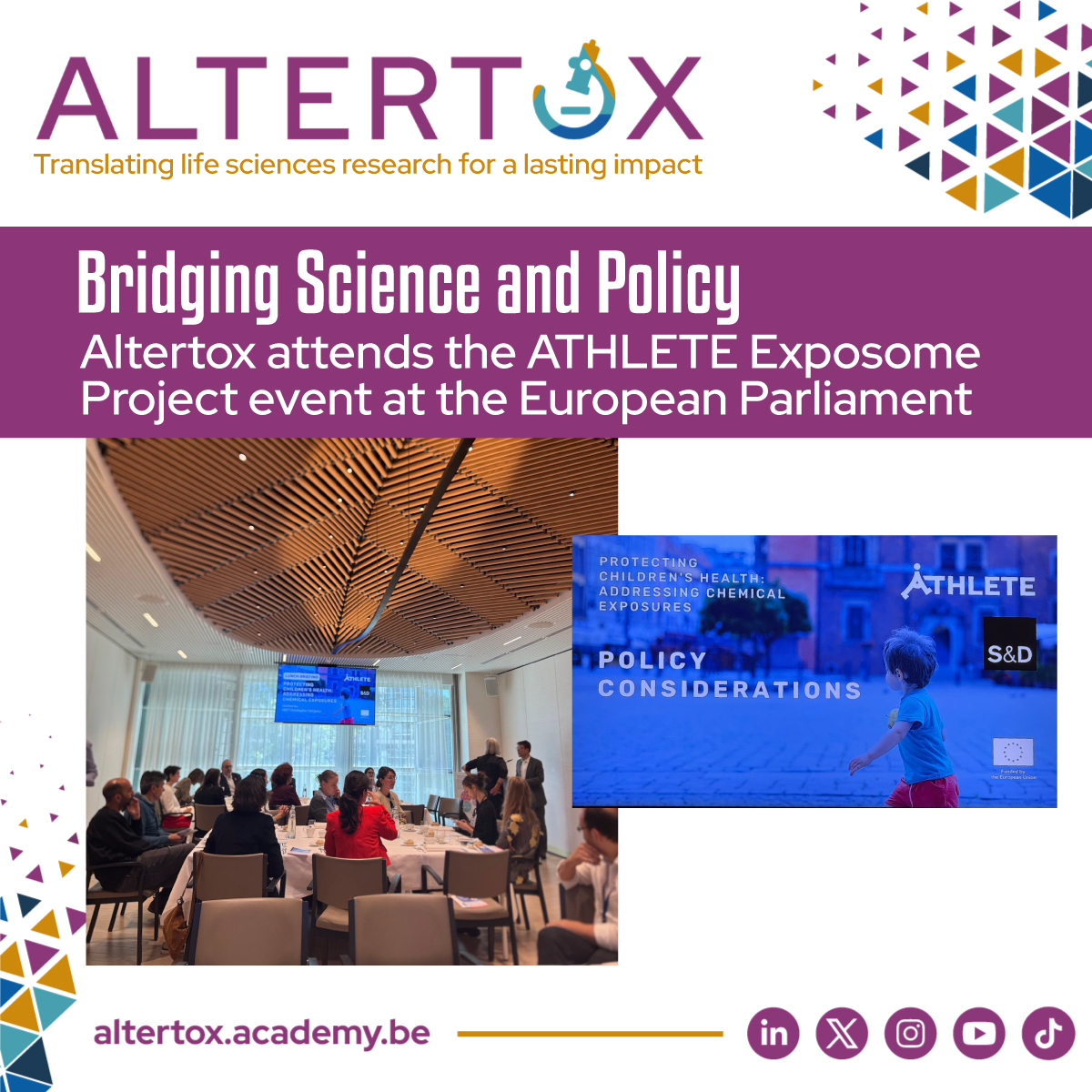 The ATHLETE Research Project was featured at the EU Parliament in an event co-hosted by French MEP Christophe Clergeaux &amp; Julianna Angelova (HEAL).  
The project is advancing next-generation tools for early life-course exposome research.  #AltertoxPolicy.
