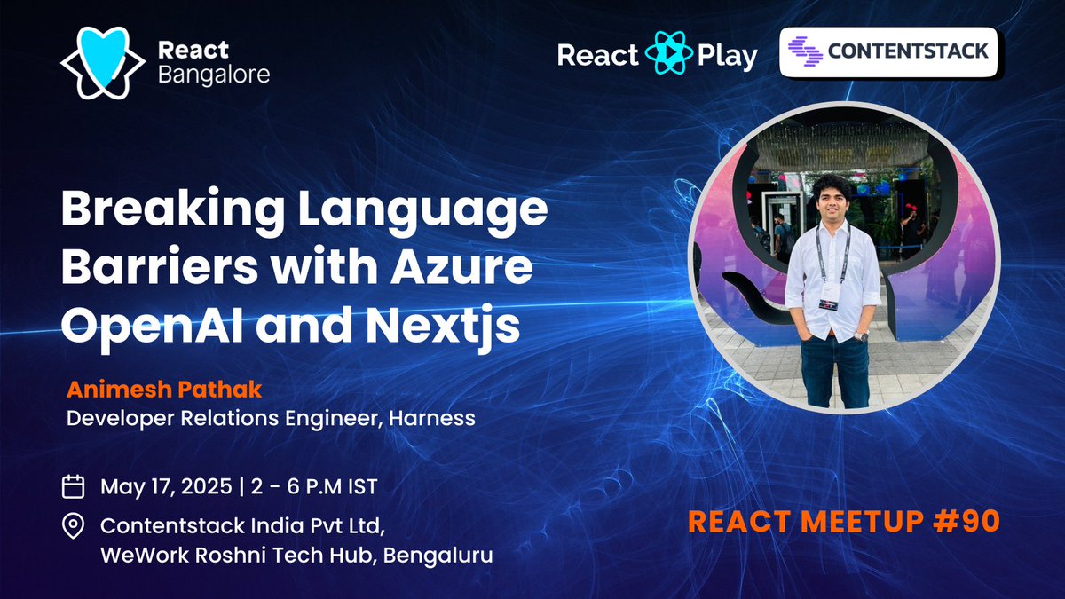 React Bangalore (@reactbangalore) on Twitter photo Join our React meetup at <a href="/Contentstack/">Contentstack</a> on May 17th, where <a href="/sonichigo1219/">Animesh Pathak 🐇</a> will demonstrate how to break language barriers with Azure, OpenAI, and Nextjs.
Register now!
meetup.com/reactjs-bangal… Join our React meetup at <a href="/Contentstack/">Contentstack</a> on May 17th, where <a href="/sonichigo1219/">Animesh Pathak 🐇</a> will demonstrate how to break language barriers with Azure, OpenAI, and Nextjs.
Register now!
meetup.com/reactjs-bangal…