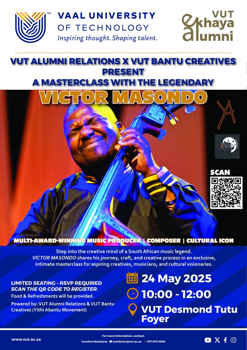 VUT_Online's tweet image. Don’t miss this exclusive Masterclass with music legend Victor Masondo at VUT! Limited seats- RSVP now!  #VictorMasondo #VUTAlumni #CreativeMasterclass #YithiAbantu #VUTCreatives #CreativeArts