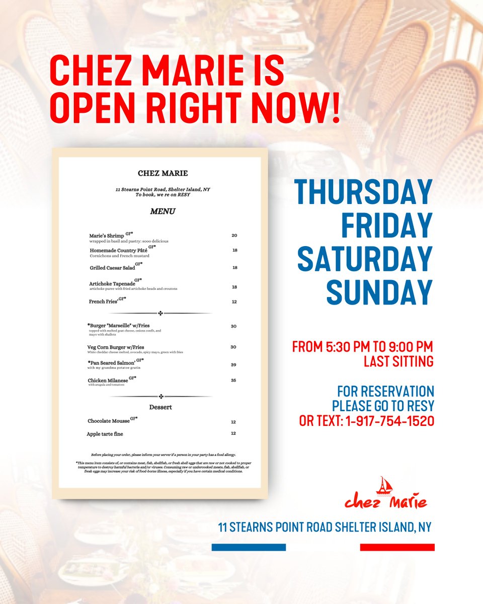 marieeiffel's tweet image. ✨WE&apos;RE OPEN NOW AT CHEZ MARIE!✨
Join us for chic evenings and fabulous flavors—Thursday to Sunday, 5:30 PM to 9 PM last sitting. Your table’s waiting, and the vibe is just right. Reserve on RESY or text 1-917-754-1520 💫
#ChezMarie #MarieEiffel #ShelterIslandDining #EveningVibe