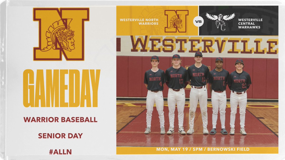 North Warriors AD (@northwarriorsad) on Twitter photo ⚾️SENIOR DAY⚾️
⚾️<a href="/wnhsbb/">Westerville North BB</a> vs Central
⏲️Sr Day 445PM / First Pitch 5PM
📌JV Warriors at Central
Good luck boys and CONGRATS SENIORS!!
#ALLN ⚾️ ⚾️SENIOR DAY⚾️
⚾️<a href="/wnhsbb/">Westerville North BB</a> vs Central
⏲️Sr Day 445PM / First Pitch 5PM
📌JV Warriors at Central
Good luck boys and CONGRATS SENIORS!!
#ALLN ⚾️