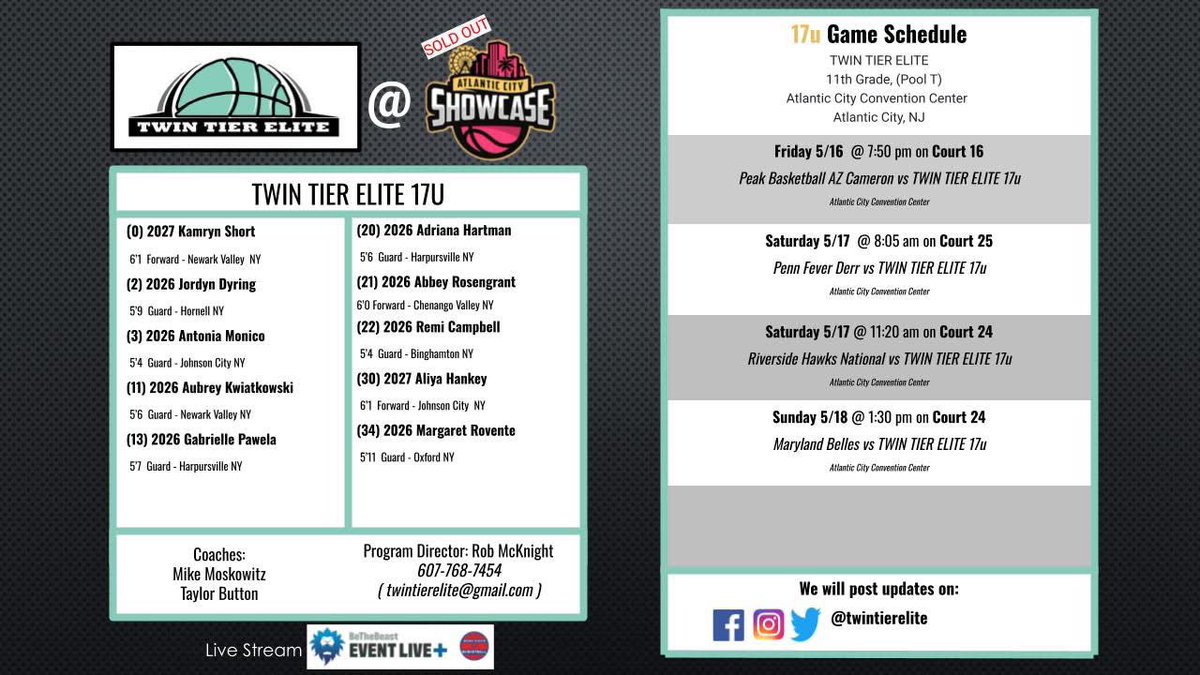 TWINTIERELITE (@twintierelite) on Twitter photo TWIN TIER ELITE 17s
<a href="/SelectEventsBB/">Select Events Basketball</a> AC Showcase loading...locked in and headed to Atlantic City, NJ this weekend, ready to compete!
#twintierelite
#seafoamfam
#NCAALive TWIN TIER ELITE 17s
<a href="/SelectEventsBB/">Select Events Basketball</a> AC Showcase loading...locked in and headed to Atlantic City, NJ this weekend, ready to compete!
#twintierelite
#seafoamfam
#NCAALive