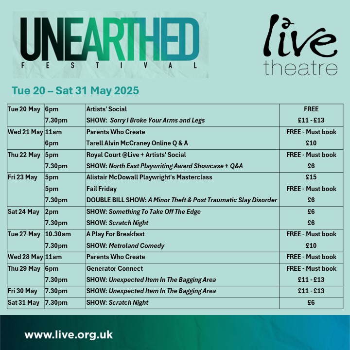 We are now on the countdown to our first ever #UnearthedFestival starting next Tue 20 running until Sat 31 May.  Check out the calendar of events for the packed programme &amp; then snap up your tickets asap to join us for this celebration of new work &amp; artist development!  See you