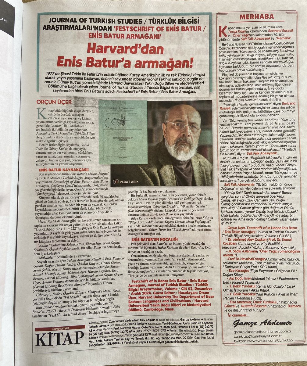 Harvard - Enis Batur Armağanı üzerine. Bugünkü Cumhuriyet Kitap'ta.