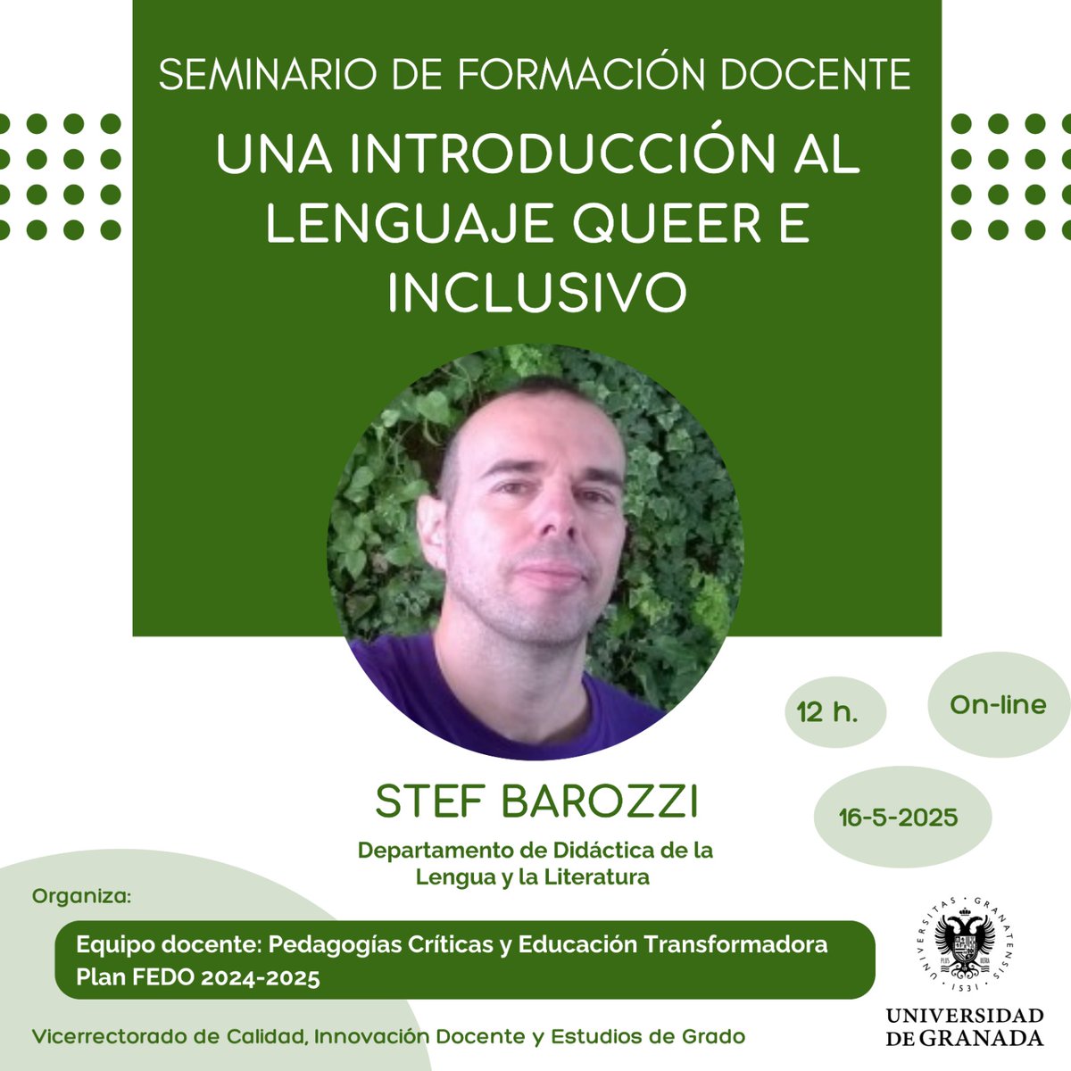 📣 ¡Curso online sobre lenguaje inclusivo!
      Te invitamos a participar en la sesión formativa
      🗓️ Jueves 16 de mayo
      🕛 12:00 h
      📍 Online
deporte.ugr.es/facultad/notic…
#facultaddeporteugr #canalugr