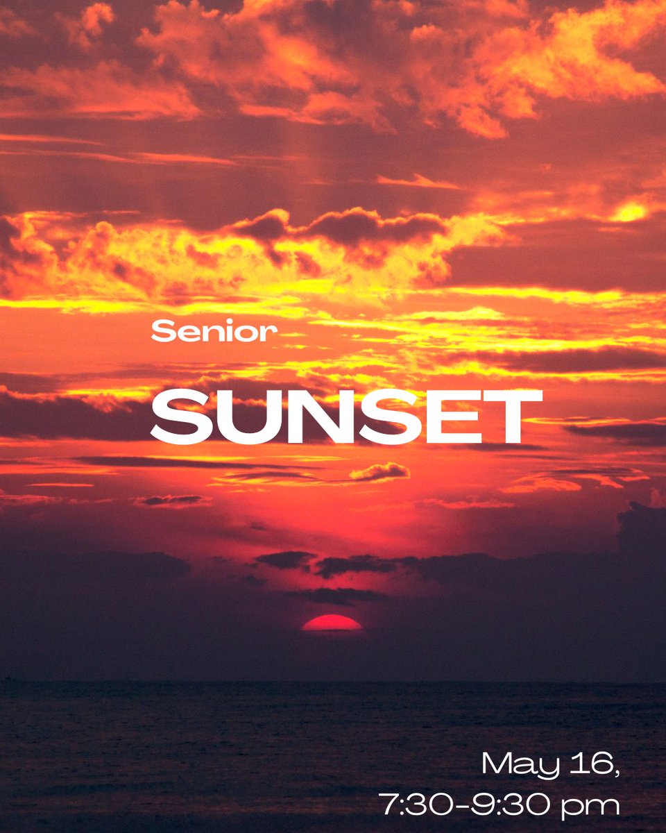 Senior SUNSET is this Friday, May 16th from 7:30 to 9:30 pm.  There will be food trucks and a fun backdrop to take photos.  Meet in the parking lot by the tennis courts and make sure to bring a blanket and your college pennant for a group photo if you have one!