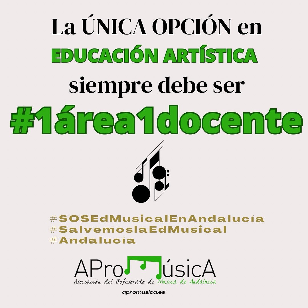 AProMúsicA_Andalucía (@apromusica_and) on Twitter photo El ARTE es imprescindible para el desarrollo personal y profesional del alumnado. La única opción de calidad es con la fórmula #1area1docente
¡Respeto y dignidad para la #EdMusical y la #EdArtística!
#SalvemosLaEdMusical en #Andalucía
<a href="/coaemcoaem/">coaem</a> <a href="/EducaAnd/">Consejería Desarrollo Educativo y FP</a> <a href="/MC_CastilloMena/">Mª Carmen Castillo Mena</a> El ARTE es imprescindible para el desarrollo personal y profesional del alumnado. La única opción de calidad es con la fórmula #1area1docente
¡Respeto y dignidad para la #EdMusical y la #EdArtística!
#SalvemosLaEdMusical en #Andalucía
<a href="/coaemcoaem/">coaem</a> <a href="/EducaAnd/">Consejería Desarrollo Educativo y FP</a> <a href="/MC_CastilloMena/">Mª Carmen Castillo Mena</a>
