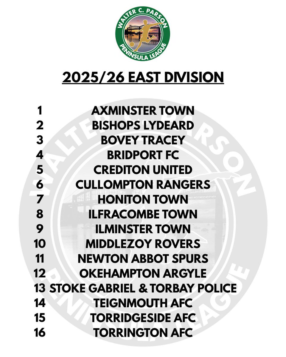 WALTER C. PARSON PENINSULA LEAGUE (@swpleague) on Twitter photo League Allocations Announced!
East says goodbye to Elburton (lateral move) & Sidmouth (Up) but welcomes:
<a href="/ilfcombeafc/">ππ₯ππ«πππ¨π¦ππ ππ¨π°π§ ππ
π</a> (From Step 5)
<a href="/ITFCFootball/">Ilminster Town FC</a> (Champions of Somerset Lge)
<a href="/swsportsnews/">South West Sports News</a> <a href="/Toroloco13/">Janina Augustynowicz</a> League Allocations Announced!
East says goodbye to Elburton (lateral move) & Sidmouth (Up) but welcomes:
<a href="/ilfcombeafc/">ππ₯ππ«πππ¨π¦ππ ππ¨π°π§ ππ
π</a> (From Step 5)
<a href="/ITFCFootball/">Ilminster Town FC</a> (Champions of Somerset Lge)
<a href="/swsportsnews/">South West Sports News</a> <a href="/Toroloco13/">Janina Augustynowicz</a>