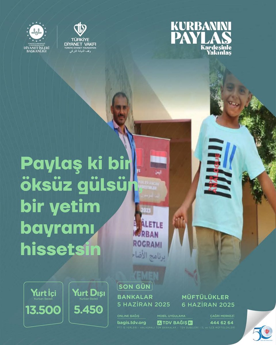 Paylaş ki bir öksüz gülsün, bir yetim bayramı hissetsin

#KurbanınıPaylaş Kardeşinle Yakınlaş 

Kurban bağışlarınızı, bagis.tdv.org adresinden, mobil bağış uygulamamızdan, Banka/PTT şubelerinden ve Müftülüklerden yapabilirsiniz.