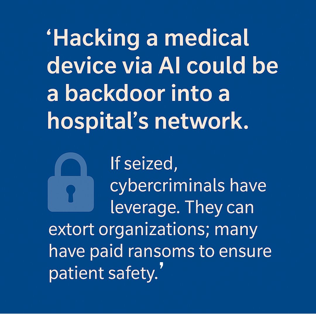bluegoatcyber's tweet image. 🚨 In a recent Forbes piece, our founder Christian Espinosa exposes rising cyber threats in AI-driven medical devices—and what manufacturers must do to stay secure. loom.ly/zHdPm9w
#ForbesTechCouncil #MedicalDeviceSecurity #AIinMedTech #FDACompliance #CyberResilience