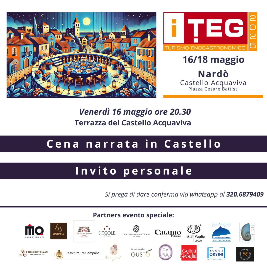 🎉 ¡Nos vamos a Nardò! 🇮🇹
Del 16 al 18 de mayo participamos en iTEG 2025, el evento internacional de turismo enogastronómico en el maravilloso Castello Acquaviva.

🔗 Toda la info y registro (¡gratuito!): i-teg.it/eventi