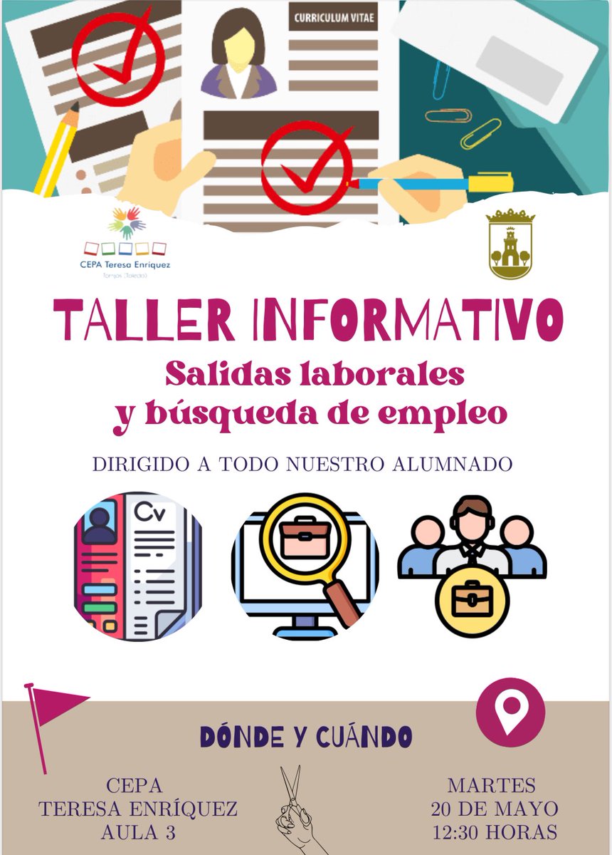 El martes día 20 a las 12:30 h en el <a href="/CEPATeresa/">CEPA Teresa Enríquez. Centro Erasmus+🇪🇺</a> tendrá lugar un taller informativo sobre salidas laborales y búsqueda de empleo . Os esperamos