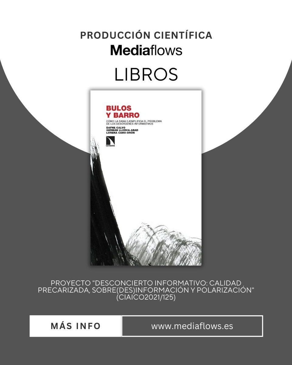 Grupo Mediaflows (@grupomediaflows) on Twitter photo ¡Novedad! #Libros #MediaFlows 📖
Dafne Calvo, <a href="/llorager/">Germán Llorca Abad</a> y <a href="/Loreneando/">Lorena Cano-Orón</a> han publicado con <a href="/CatarataLibros/">Libros Catarata</a> un ensayo sobre el caos informativo generado a raíz de la #DANA en el #PaísValencià: "¿por qué ocurrió justamente cuando más certezas se necesitaban?", se preguntan.
🧵👇 ¡Novedad! #Libros #MediaFlows 📖
Dafne Calvo, <a href="/llorager/">Germán Llorca Abad</a> y <a href="/Loreneando/">Lorena Cano-Orón</a> han publicado con <a href="/CatarataLibros/">Libros Catarata</a> un ensayo sobre el caos informativo generado a raíz de la #DANA en el #PaísValencià: "¿por qué ocurrió justamente cuando más certezas se necesitaban?", se preguntan.
🧵👇
