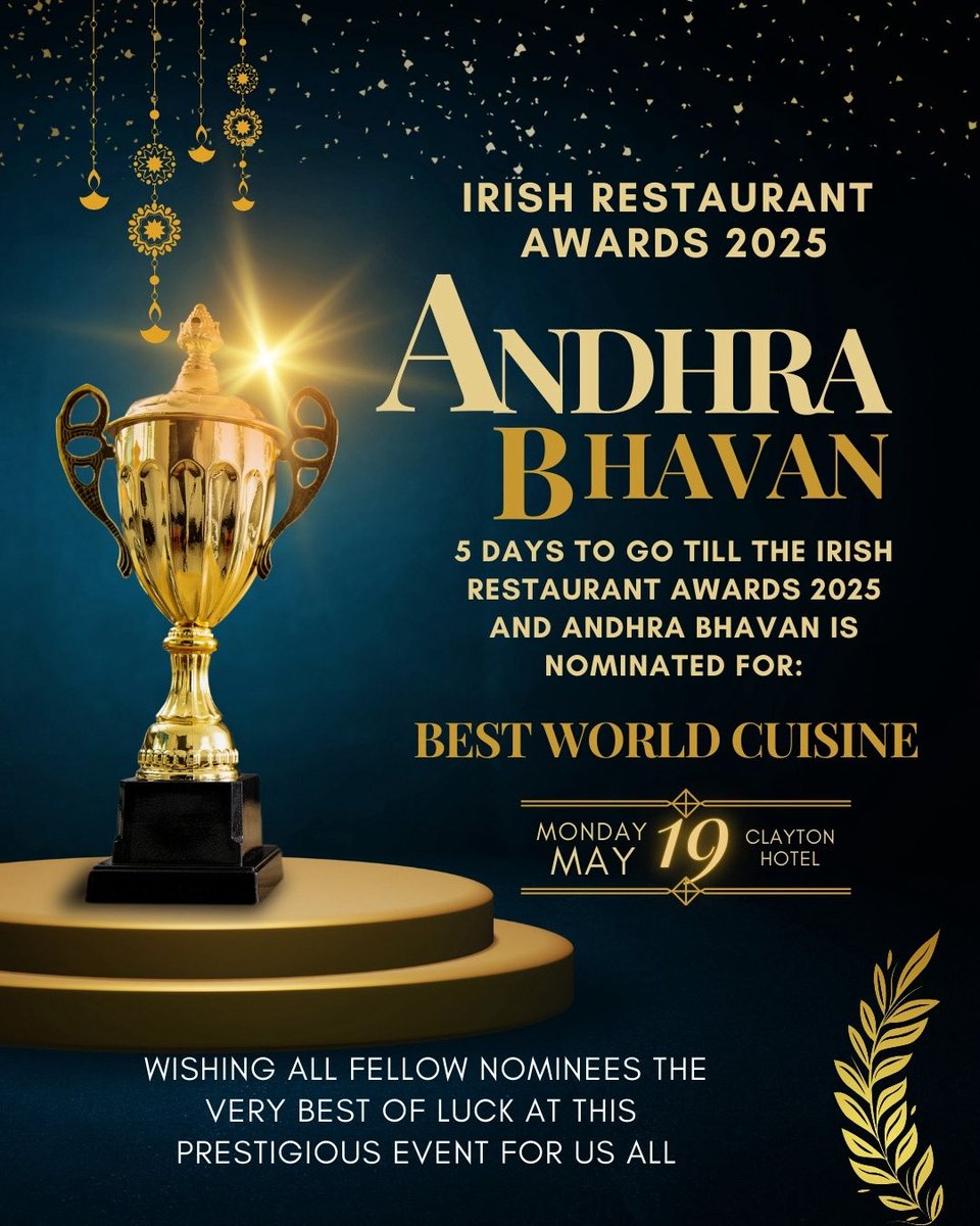 Andhra Bhavan Ireland (@andhrabhavanire) on Twitter photo We’re thrilled to share that we’ve been nominated at the <a href="/restawards/">IrishRestaurantAward</a> 2025 in the category of Best World Cuisine! 🇮🇳🇮🇪🍽️
The awards take place next Monday, 19th May 2025 — wish us luck! 🤞
It’s an honour to be recognised alongside so many incredible restaurants.
Congratulations We’re thrilled to share that we’ve been nominated at the <a href="/restawards/">IrishRestaurantAward</a> 2025 in the category of Best World Cuisine! 🇮🇳🇮🇪🍽️
The awards take place next Monday, 19th May 2025 — wish us luck! 🤞
It’s an honour to be recognised alongside so many incredible restaurants.
Congratulations
