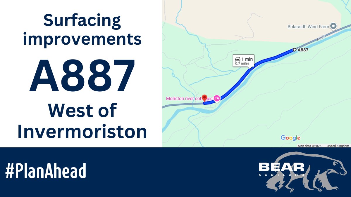 BEAR NW Trunk Roads (@nwtrunkroads) on Twitter photo Reminder: Overnight surfacing works on the #A887 west of Invermoriston start next week on Thursday 22 May.
đźš§ Road closed in both directions during working hours with diversion via the A82 and A87.
Full details: bit.ly/3GMbGER
<a href="/trafficscotland/">Traffic Scotland</a> Reminder: Overnight surfacing works on the #A887 west of Invermoriston start next week on Thursday 22 May.
đźš§ Road closed in both directions during working hours with diversion via the A82 and A87.
Full details: bit.ly/3GMbGER
<a href="/trafficscotland/">Traffic Scotland</a>