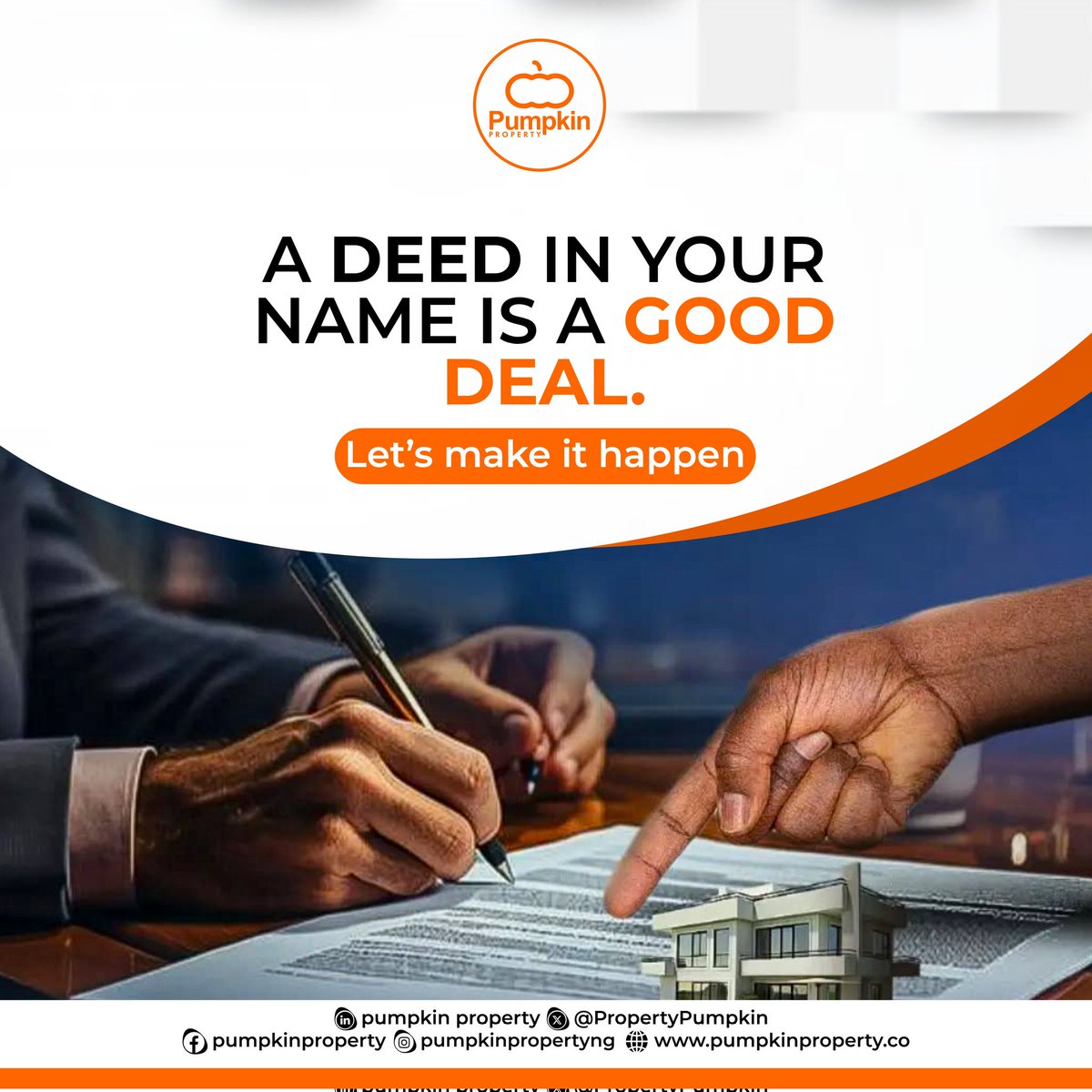 PropertyPumpkin's tweet photo. Sign the deed, seal the deal! Whether it’s your first home or tenth investment, we walk with you, site tours to ownership. It’s more than land, it’s legacy.

DM @pumpkinpropertyng now to begin your real estate journey.

#PumpkinProperty
#OwnTheMoment #RealEstate https://t.co/FukVPv9J0N