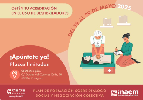 📢 Últimas plazas para nuestro nuevo curso de 𝙁𝙤𝙧𝙢𝙖𝙘𝙞ó𝙣 𝙥𝙧𝙚𝙫𝙚𝙣𝙩𝙞𝙫𝙖 𝙗á𝙨𝙞𝙘𝙖

Aprende a identificar y gestionar riesgos de manera efectiva en entornos laborales y a manejar desfibriladores.

🗓️De 19 a 29 de mayo 

Inscríbete aquí: empleo.ceoearagon.es/cursos/formaci…