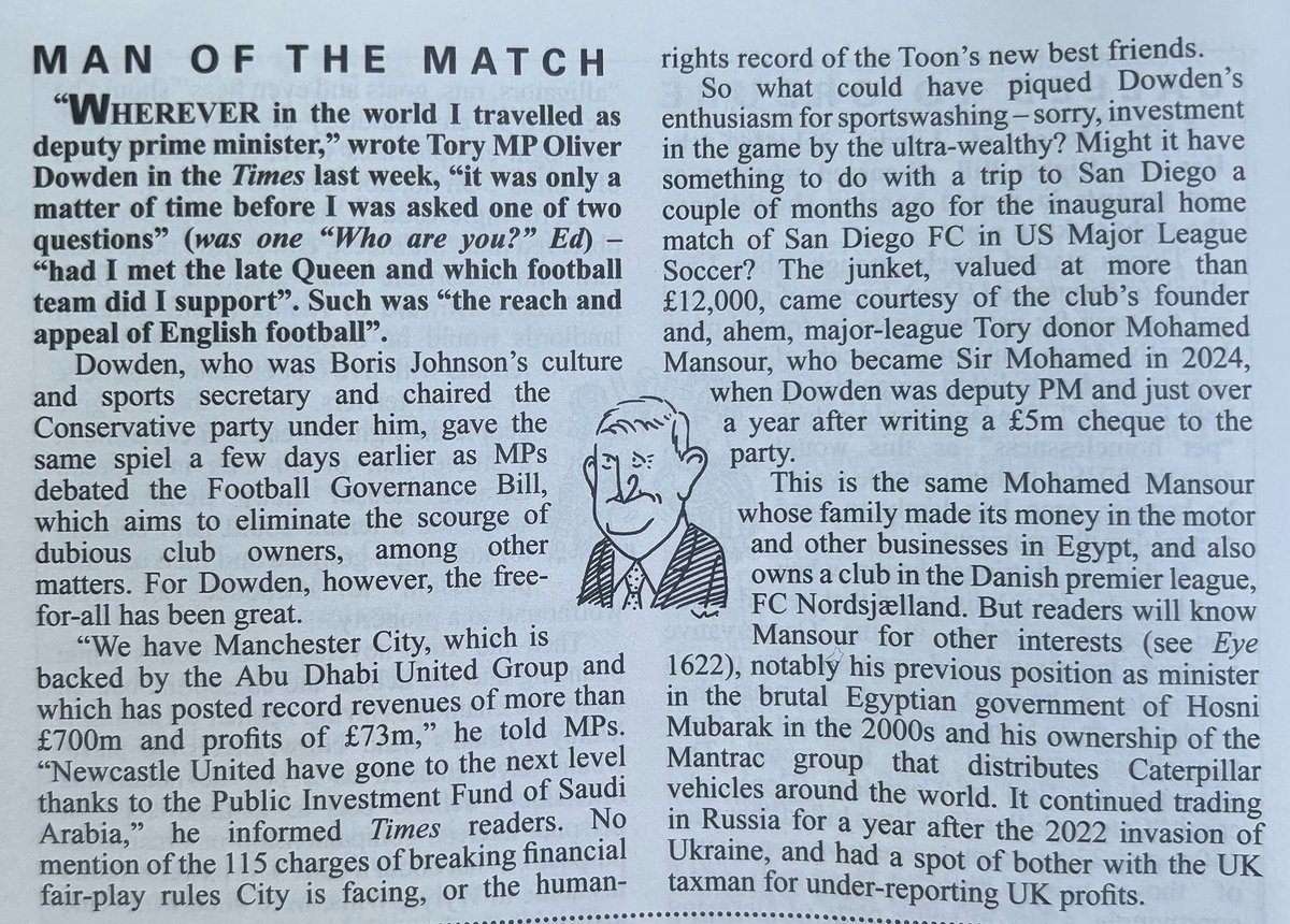 Chuffed that <a href="/PrivateEyeNews/">Private Eye Magazine</a> has picked up the story about Sir <a href="/OliverDowden/">Oliver Dowden</a>'s new-found enthusiasm for <a href="/SanDiegoFC/">San Diego FC</a> that we first published here a month ago. All the detail in the Oliver Dowden Sketchy Behaviour Monitor, part two, on the blog: bit.ly/3YGrdfh