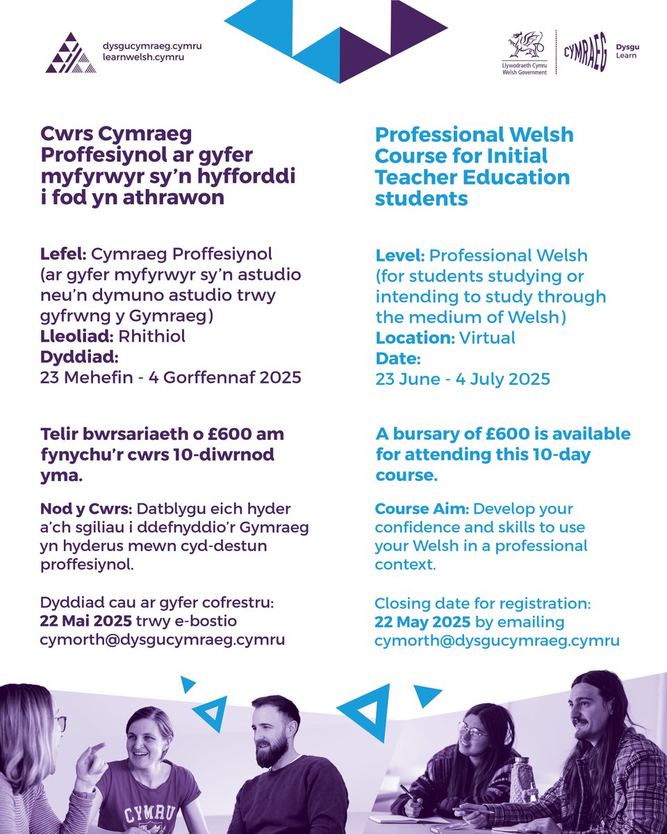 Rho hwb i dy yrfa addysgu yn y Gymraeg!

Ymuna â'r cwrs Cymraeg Proffesiynol hwn ar gyfer myfyrwyr addysgu:

• Bwrsariaeth o £600 ar gyfer y cwrs hwn

Mae buddsoddi yn dy sgiliau Cymraeg yn helpu i adeiladu Cymru ddwyieithog ac yn cefnogi #Cymraeg2050

Cofrestra erbyn 22 Mai -