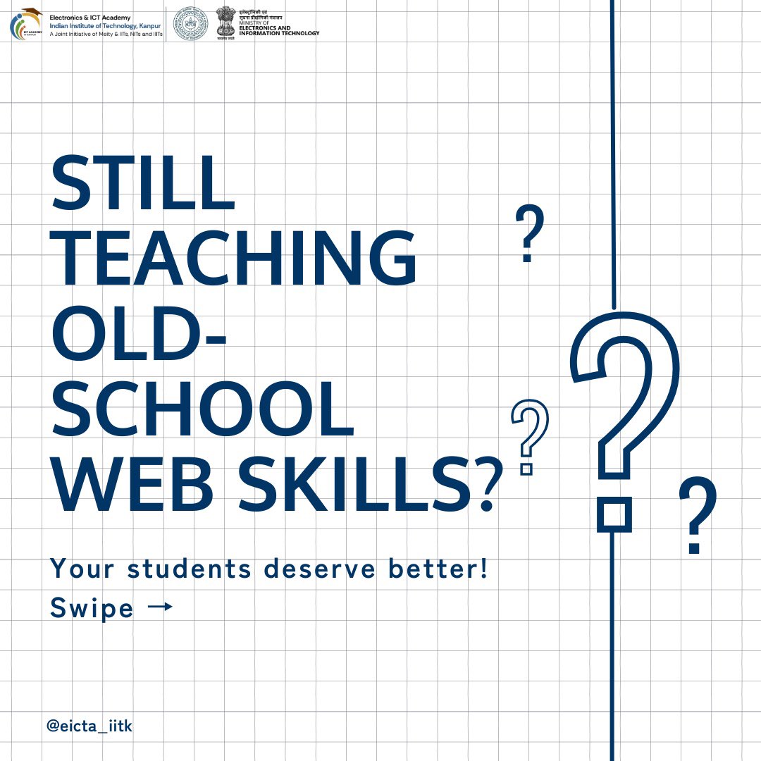 eicta_iitk's tweet image. Still teaching static sites? Upgrade to modern web development now.

[Web Development, IIT Kanpur, Curriculum Upgrade, Faculty Training, E&amp;amp;ICT Academy]

#ModernWebSkills #PHPMySQL #ResponsiveDesign #FacultyTraining #IITKanpur #EICTAcademy #TeachTechRight #OnlineLearning