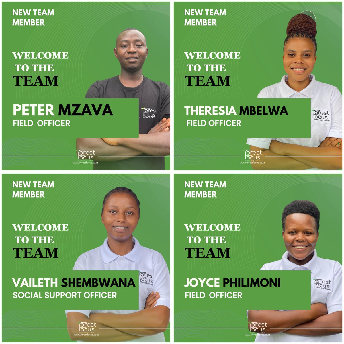 Our team is growing bigger every day! We’re excited to welcome four new members to Forest Focus. Vaileth Shembwana joins us as our Social Support Oﬃcer, while Joyce Philimoni, Theresia Mbelwa, and Peter Mnzava join as Field Oﬃcers.

We’re glad to have them on board as we