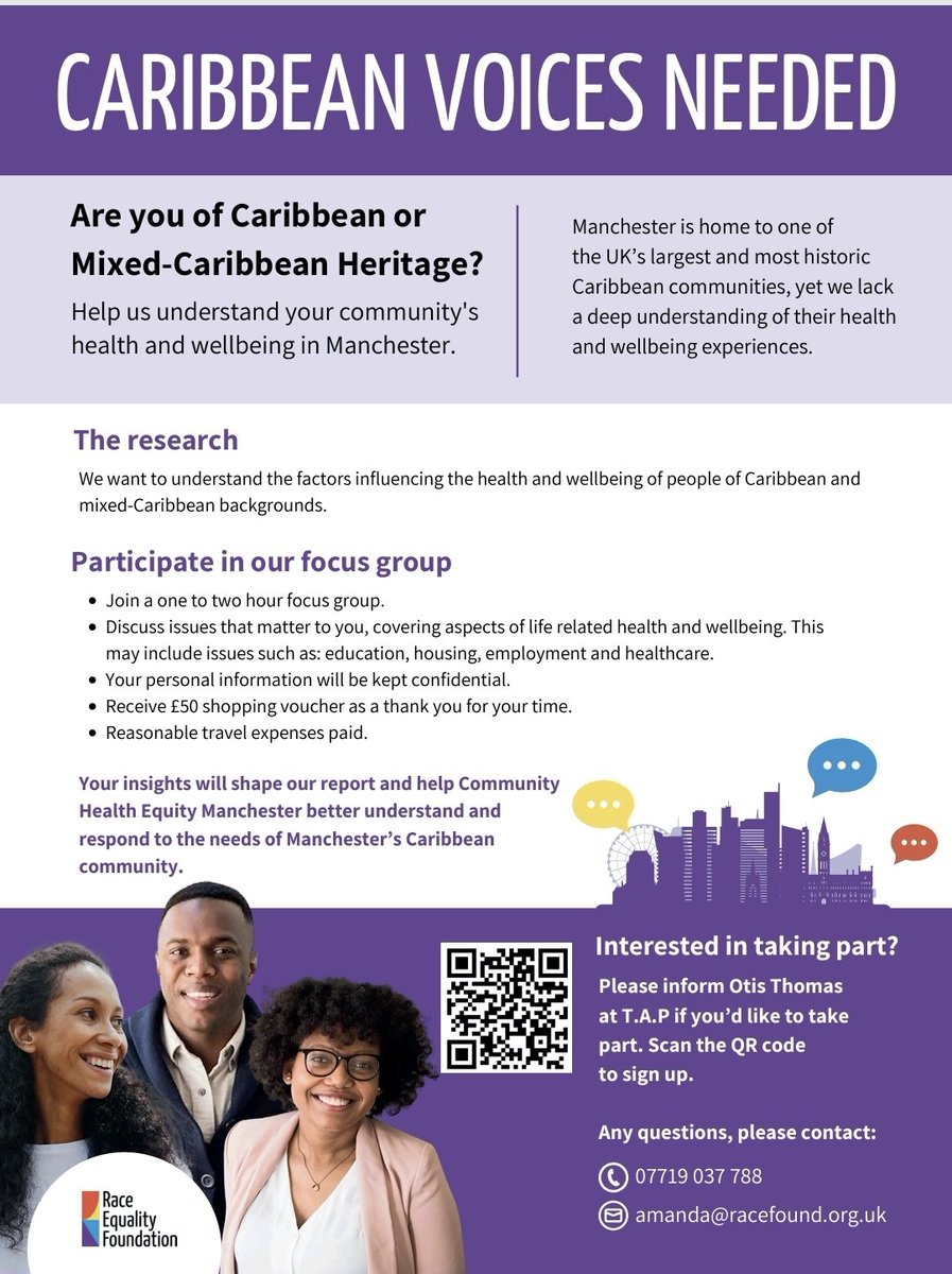 T.A.P. Project (@tap_project_mcr) on Twitter photo This session will take place on Wednesday 21st May 2pm - 4pm at the Windrush Millennium Centre, 70 Alexandra Road, Moss Side, Manchester, M16 7WD
Email admin@tapproject.co.uk to confirm you can attend please. £50 voucher for your participation This session will take place on Wednesday 21st May 2pm - 4pm at the Windrush Millennium Centre, 70 Alexandra Road, Moss Side, Manchester, M16 7WD
Email admin@tapproject.co.uk to confirm you can attend please. £50 voucher for your participation