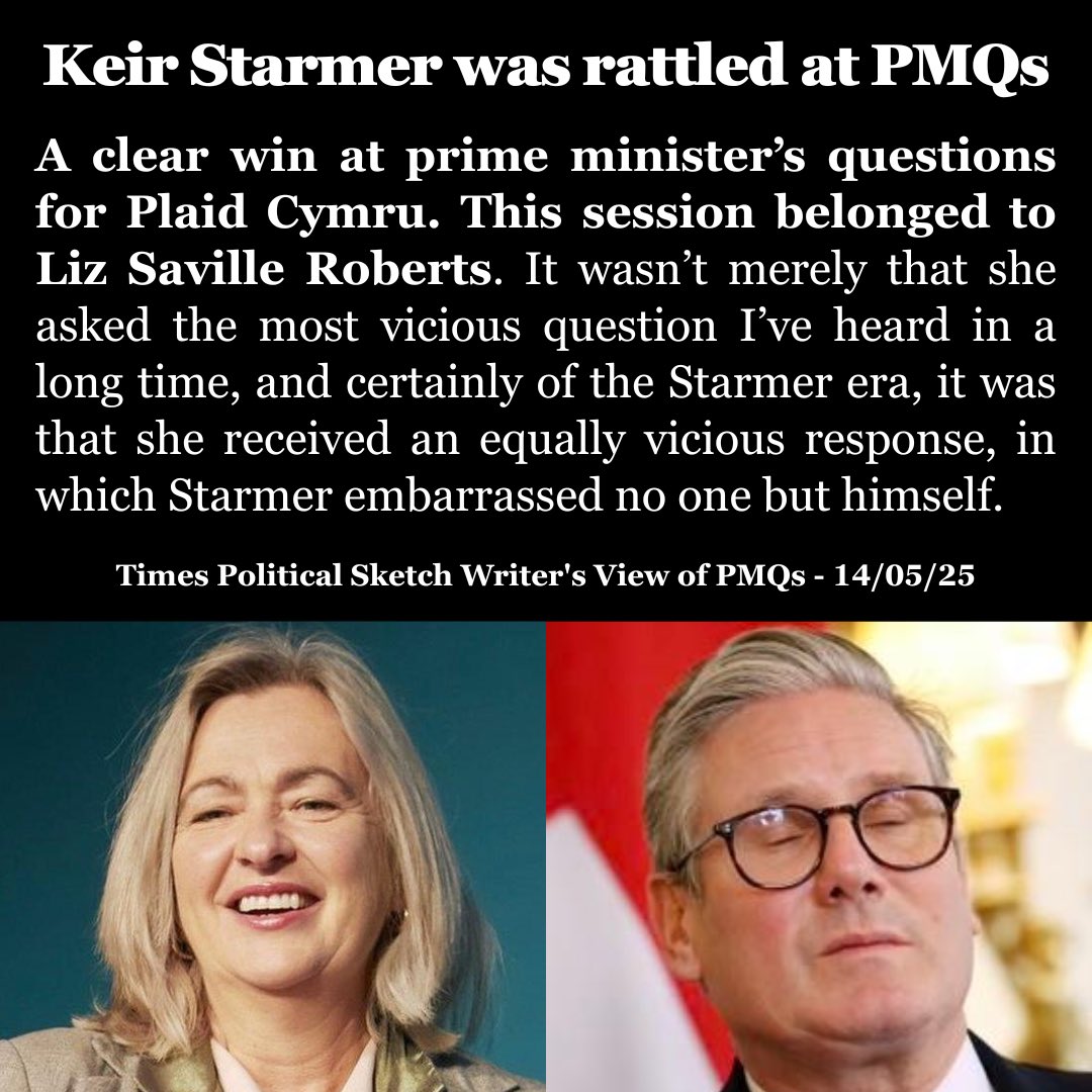 Abolish Westminster (@abolishwestmin) on Twitter photo Even the English press couldn’t ignore it:
“A clear win at Prime Minister’s Questions for Plaid Cymru. This session belonged to Liz Saville Roberts.”
Imagine how good she had to be for The Times to admit it!
Da iawn Liz! 👏🏴
<a href="/Plaid_Cymru/">Plaid Cymru 🏴</a> <a href="/LSRPlaid/">Liz Saville Roberts AS/MP</a> Even the English press couldn’t ignore it:
“A clear win at Prime Minister’s Questions for Plaid Cymru. This session belonged to Liz Saville Roberts.”
Imagine how good she had to be for The Times to admit it!
Da iawn Liz! 👏🏴
<a href="/Plaid_Cymru/">Plaid Cymru 🏴</a> <a href="/LSRPlaid/">Liz Saville Roberts AS/MP</a>