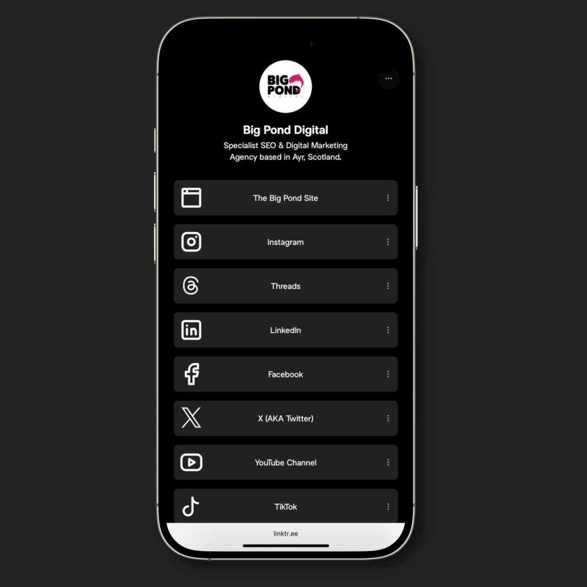 Dying for more Big Pond content? We're active across all the main social channels. 
Here's where to find us everywhere online - give us a follow to stay in the loop🙂
🔗 linktr.ee/bigpondltd

#Linktree #SEO #SEOAgency #Ayrshire #Scotland