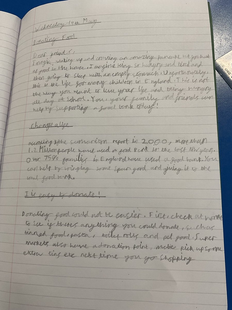 PDA_Y3's tweet image. PDAY3@PDA_Y3

We have been working hard on our Letters of Persuasion on foodbanks. Some fantastic ideas and points to help persuade people to donate to their local food banks and how to help others less fortunate. #pdaenglish