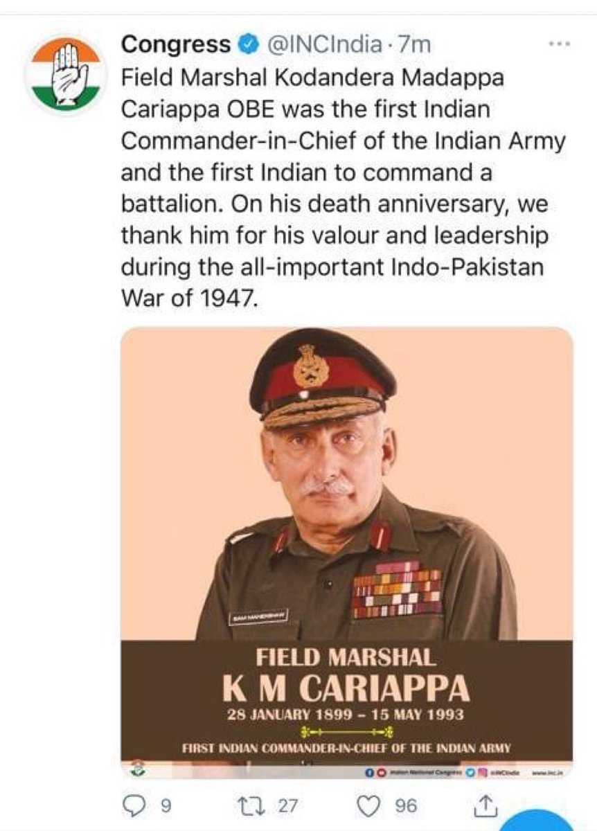 They put a picture of  field Marshal Sam ManekShaw and Call him  field Marshal Cariappa.  This was posted on this day in 2021.
