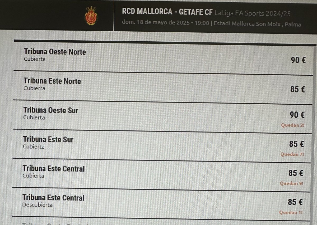 Ahora mismo, la entrada más barata para ver el Mallorca - Getafe, último partido de la temporada en casa, está en 85 euros. 
Veremos si el 2x1 para socios que ha puesto en marcha el club, sirve para llenar Son Moix el domingo.