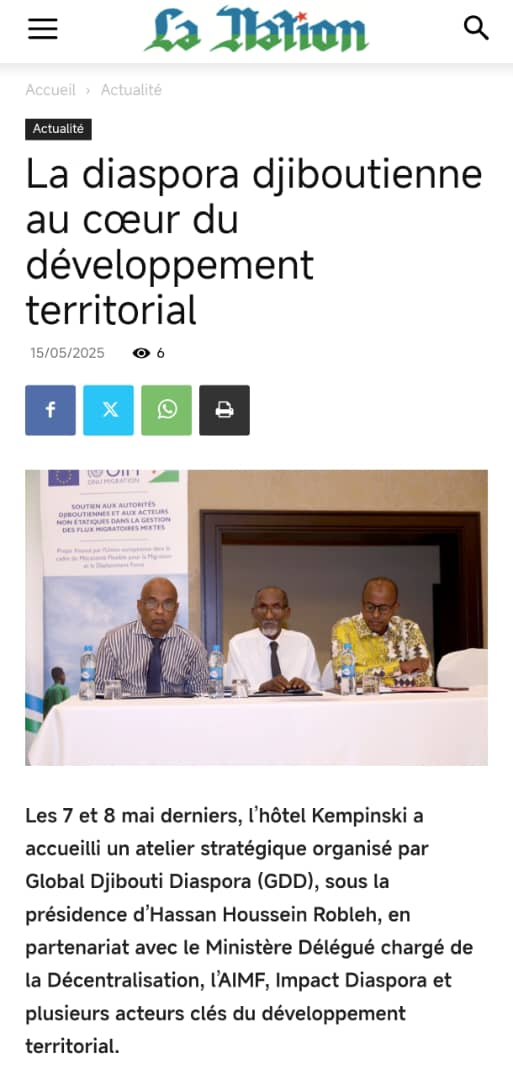 Les 7 et 8 mai derniers, notre atelier stratégique a réuni des acteurs clés pour renforcer l'implication de la diaspora dans le développement de notre pays.
📢 Un immense merci à La Nation qui a mis en lumière cette initiative.
🔗 lanation.dj/la-diaspora-dj…
#Diaspora