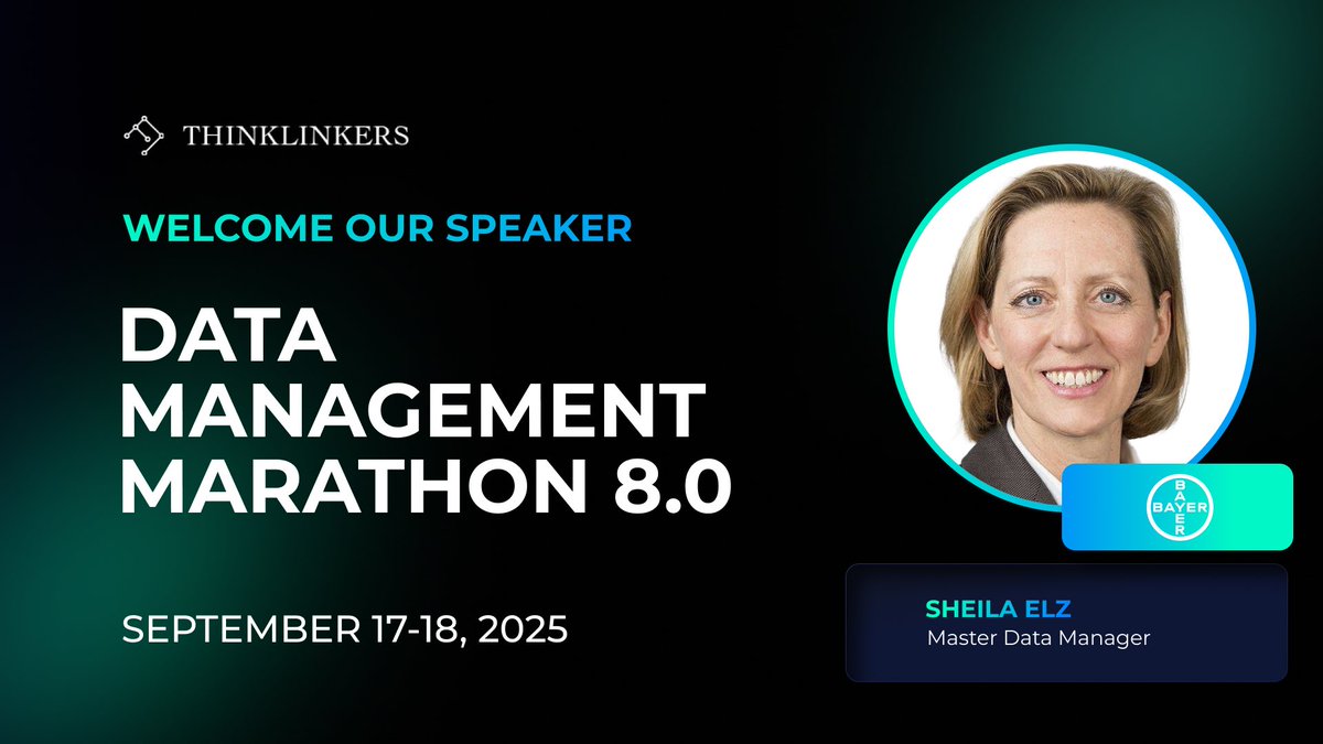 At the Data Management Marathon 8.0, Sheila Elz, Master Data Manager at Bayer, will talk about:

“Enhancing Data Quality and Governance with IDMP Ontology in Master Data Management.”

Learn More &amp; Register: thinklinkers.com/events/online/…

🗓️September 17-18, 2025, Online

#DMM8 #mdm