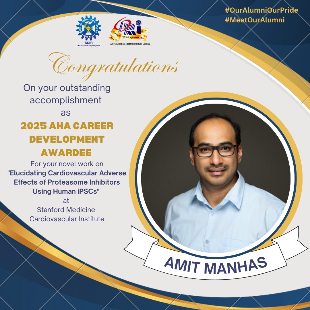 CSIR-CDRI (@csir_cdri) on Twitter photo #Congratulations #DrAmitMnahas for your outstanding accomplishment as #2025AHACareerDevelopmentAwardee at <a href="/StanfordOCE/">StanfordMedicineOCE</a> #CardiovascularInstitute
#MeetOurAlumni #OurAlumniOurPride
<a href="/CSIR_IND/">CSIR, India</a> <a href="/HRDG_CSIR/">HRDGCSIR</a> <a href="/IndiaDST/">DSTIndia</a> <a href="/ANRFIndia/">Anusandhan National Research Foundation</a> #Congratulations #DrAmitMnahas for your outstanding accomplishment as #2025AHACareerDevelopmentAwardee at <a href="/StanfordOCE/">StanfordMedicineOCE</a> #CardiovascularInstitute
#MeetOurAlumni #OurAlumniOurPride
<a href="/CSIR_IND/">CSIR, India</a> <a href="/HRDG_CSIR/">HRDGCSIR</a> <a href="/IndiaDST/">DSTIndia</a> <a href="/ANRFIndia/">Anusandhan National Research Foundation</a>