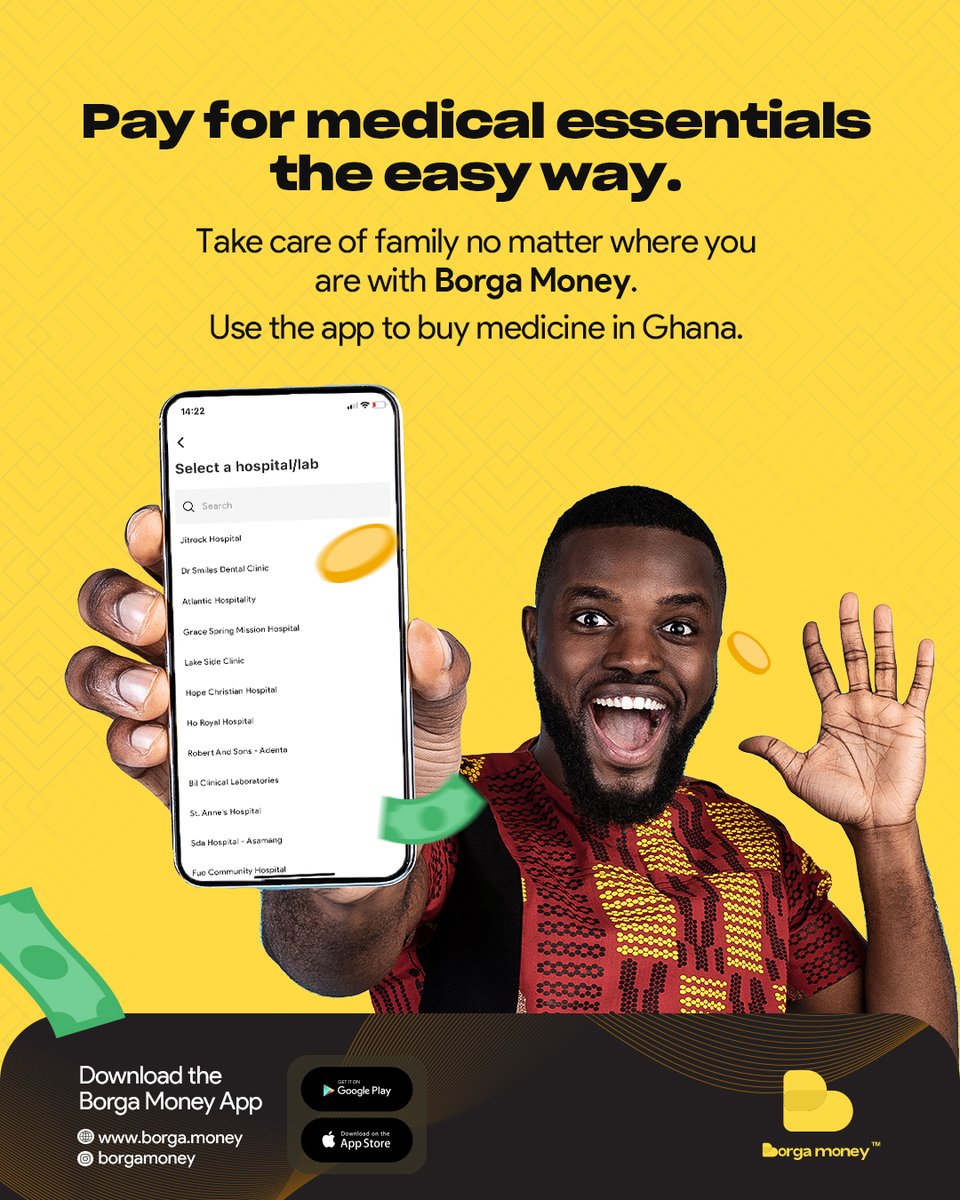 No matter the distance, care always finds a way.

With the Borga Money App, you can easily pay for essential medications for your loved ones in Ghana and have them delivered.

Keep them healthy, happy, and well cared for always!💛