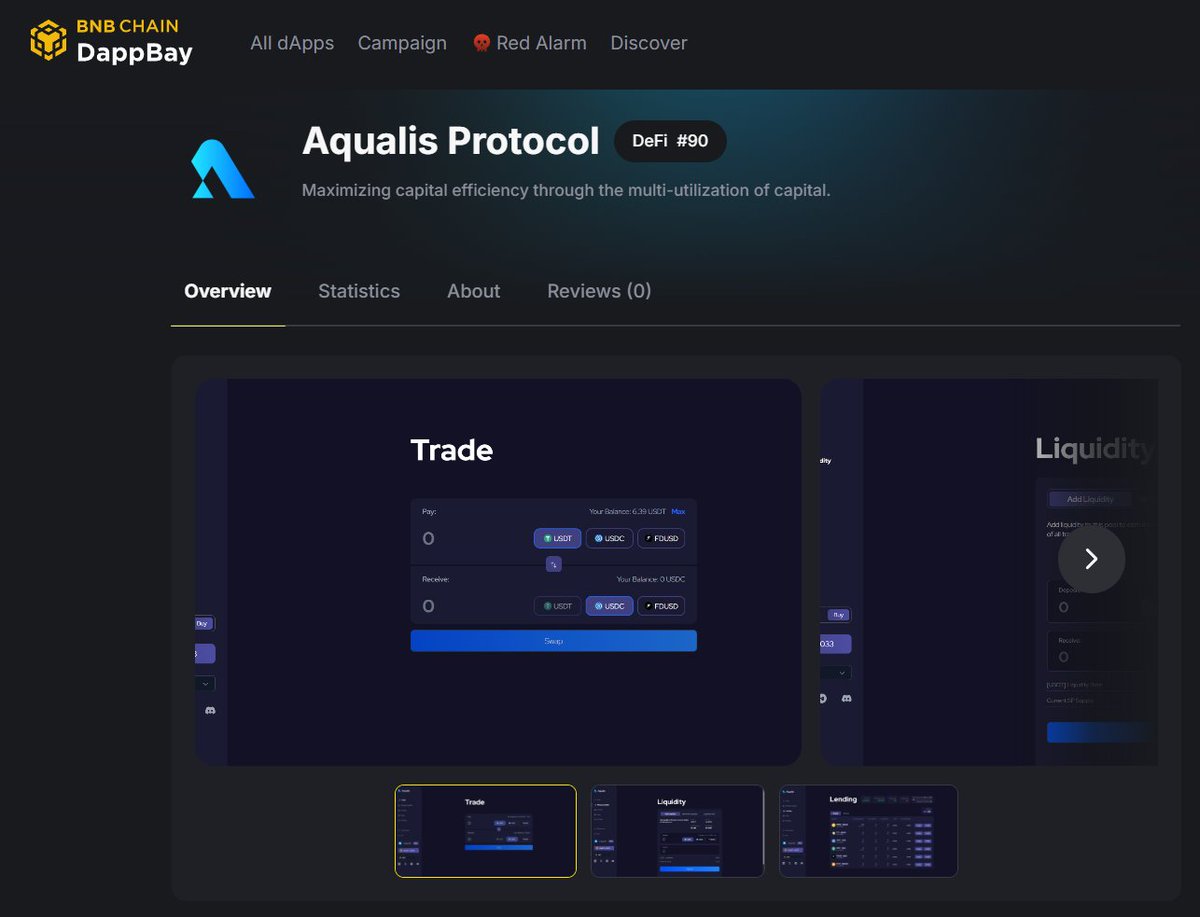 Aqualis Protocol is now listed on <a href="/BNBCHAIN/">BNB Chain</a>'s DappBay for monitoring, we are currently rank 90 in tje DeFi category but watch us climb through the ranks over the next days/weeks/months! 

dappbay.bnbchain.org/detail/aqualis…