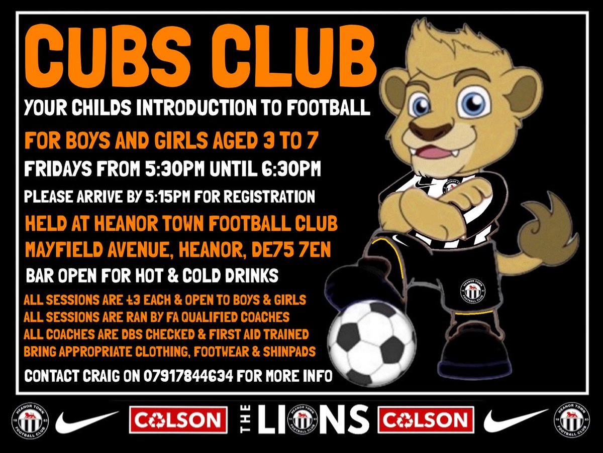 🦁CUBS CLUB 
⚽️Your Child’s Introduction To Football

👦🏽For Boys &amp; Girls
👧🏼Aged 3 to 7

📆Fridays
⌚️5:30pm-6:30pm
✍🏼5:15pm Registration 

🏟️The Town Ground
📍DE75 7EN

💷£3 each
✅No need to book

🍺Bar Open